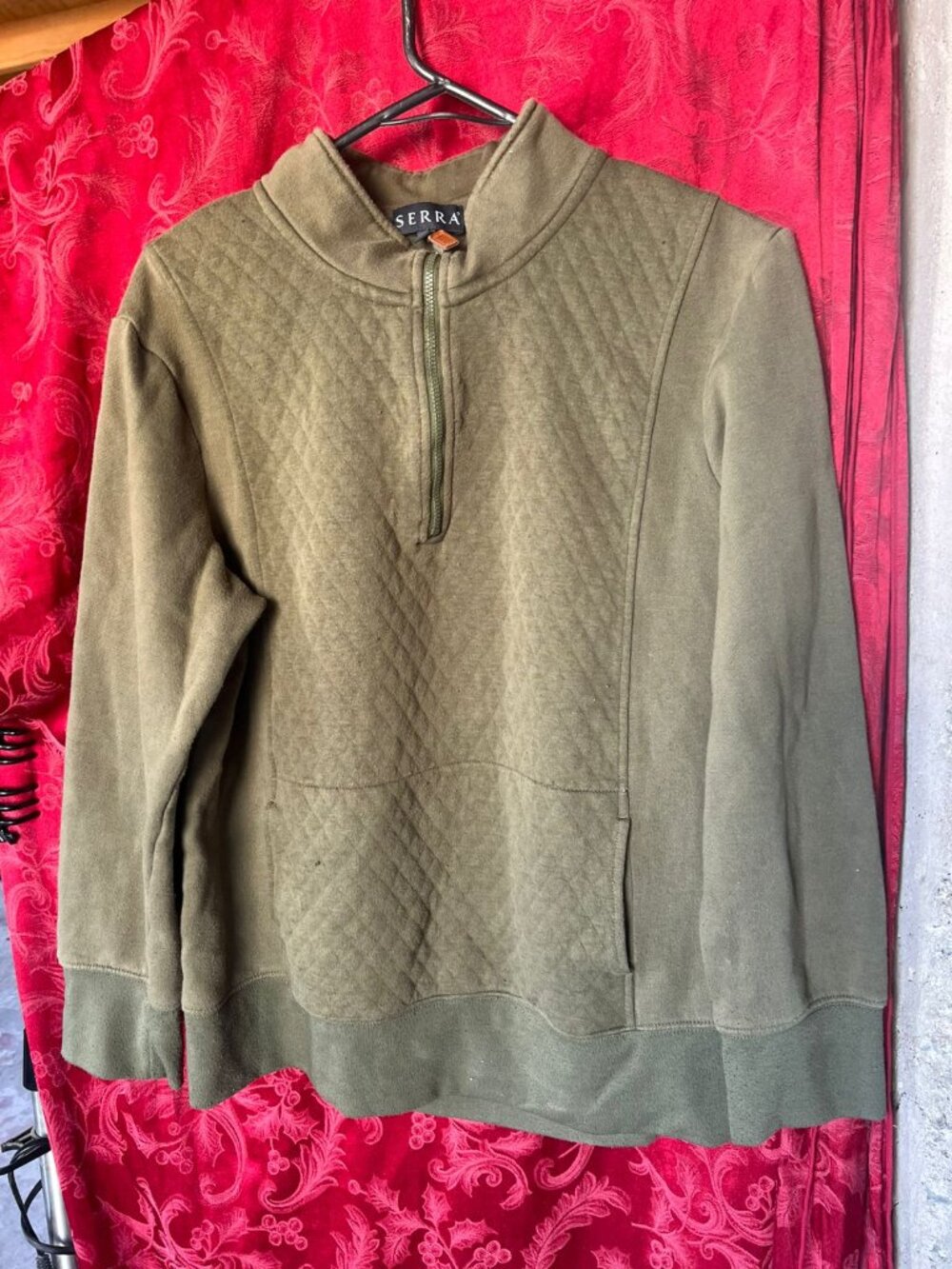 Serra Men’s Olive Green Diamond Quilted Quarter Zip Pullover - Size L
